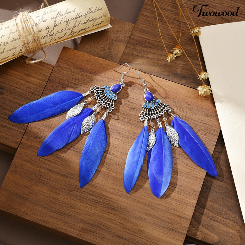 Twowood 1pasang Lady Earrings Bulu Sintetis Bohemia Kreatif Jumbai Menjuntai Anting Prom Jewelry