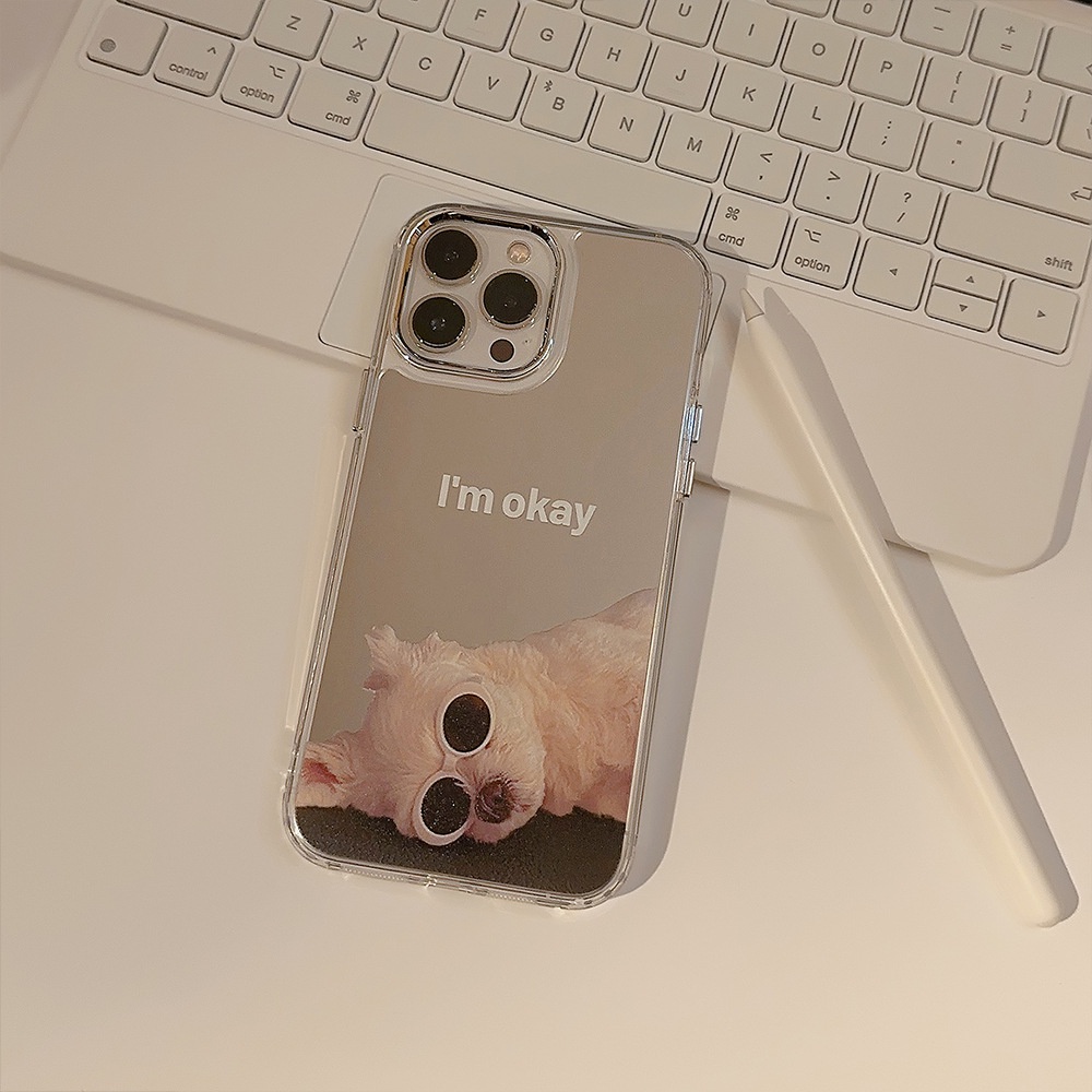 IPHONE I AM OKAY Lazy Laying Puppy Dog Dengan Kacamata Hitam Telepon Musim Panas Mirror Case Electroplated Camera Frame Cover Untuk Iphone11 12 13 14 PLUS PRO MAX