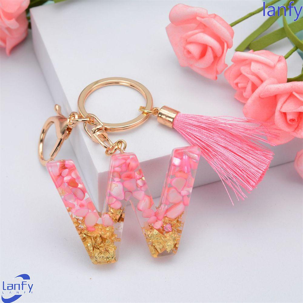 Lanfy 26huruf Gantungan Kunci Lucu Resin Jumbai Liontin Ornamen Perhiasan Mobil Keyring Alphabet Key Chain