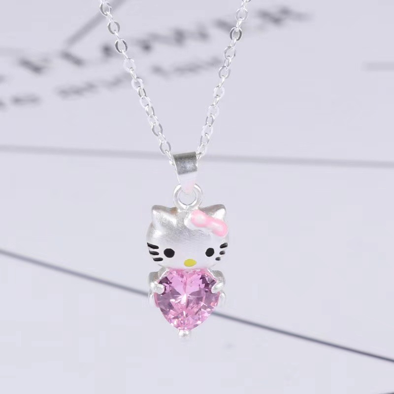 Kalung Geometris Kartun Kristal Alloy Hati Kucing Untuk Anak Perempuan