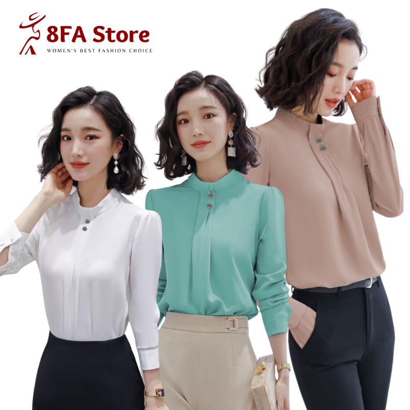 Blouse Korea Putih Polos Wanita Model Kancing Depan Lengan Panjang Gaya Baju Atasan Kerja Wanita All