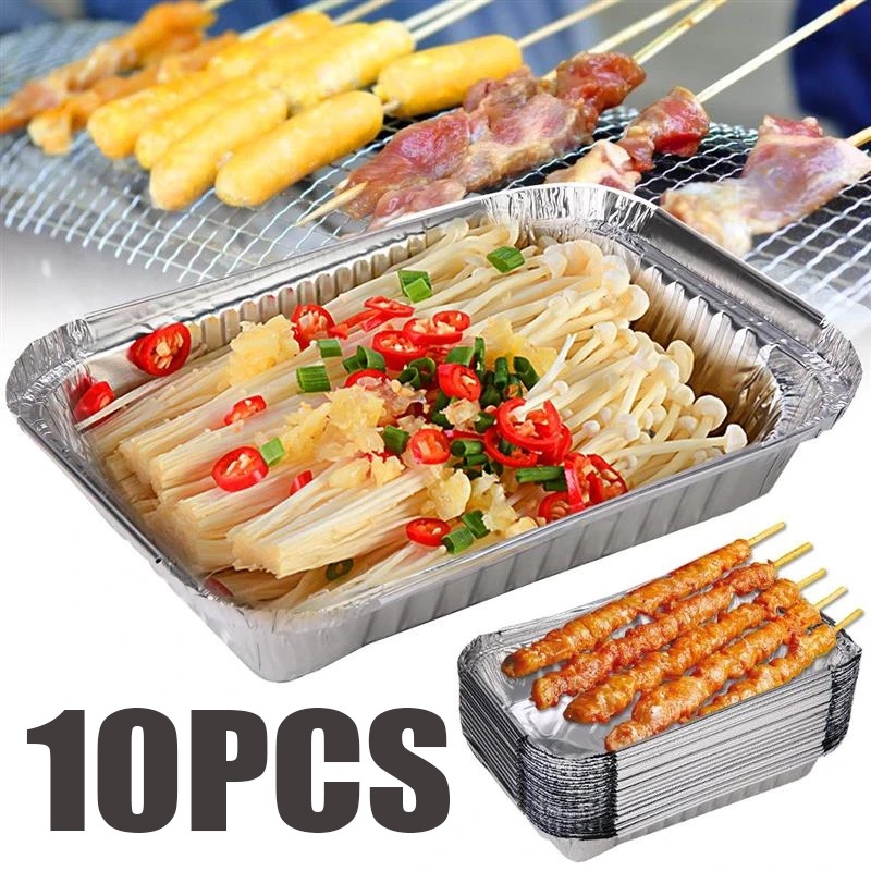 10pcs Nampan Foil Kaleng Aluminium Foil Sekali Pakai/Wadah Kukus BBQ Tahan Suhu Tinggi Persegi Panjang Tahan Minyak