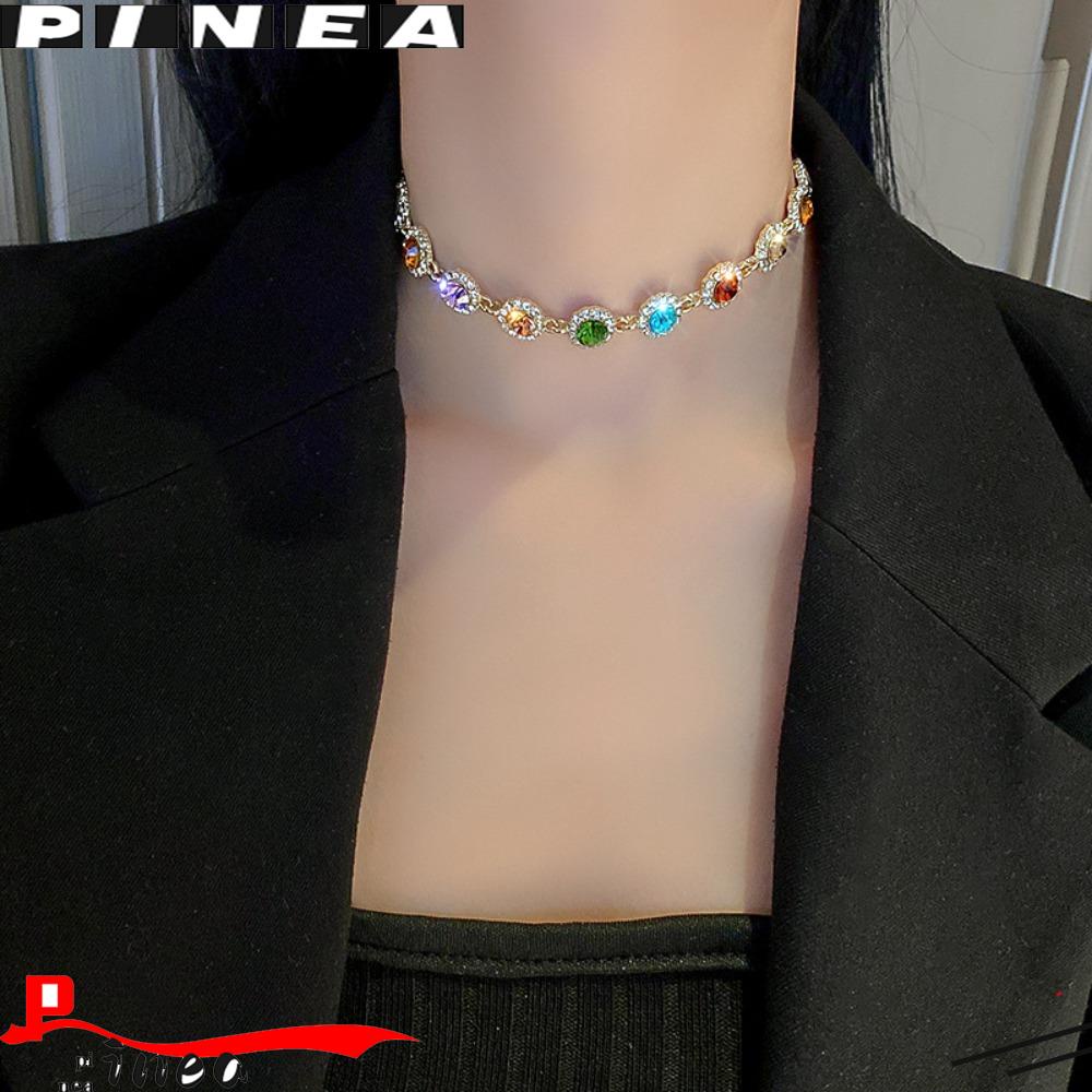 Kalung Choker Nanas Bahan Alloy Rantai Klavikula Kristal Warna-Warni