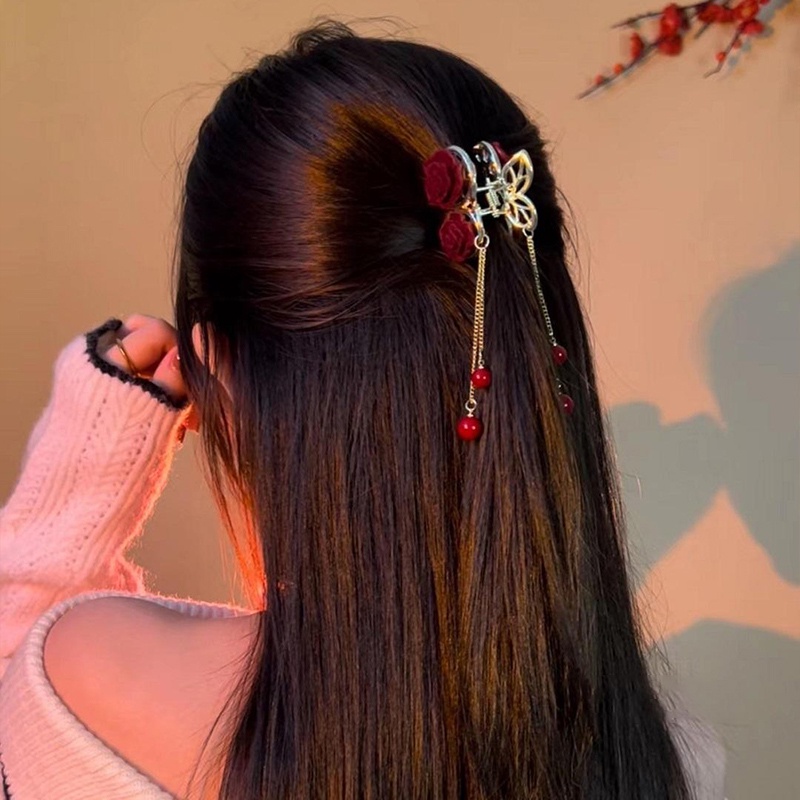 Gaya Cina Red Flocked Rose Hair Clip Indah Cherry Rumbai Aksesori Rambut Wanita - SG