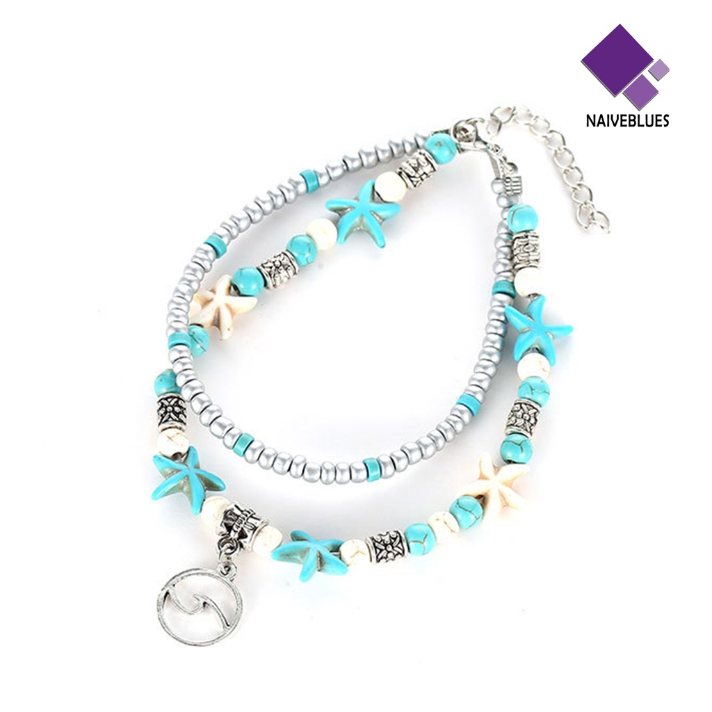 &lt; Naiveblues &gt; Bintang Laut Double Layer Wanita Gelang Kaki Alloy Bohemia Beads Adjustable Chain Hawaii