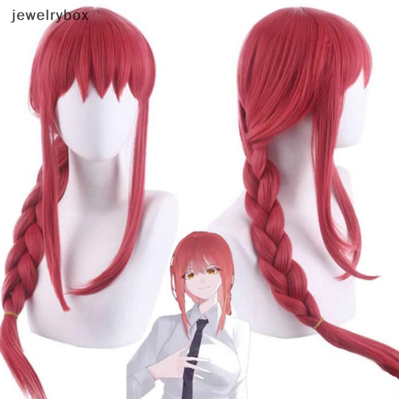 [jewelrybox] Wanita Makima Anime Rantai Man Cosplay Panjang Dikepang Lurus Rambut Sintetis Halloween Merah Bermain Peran Pesta Wig Aksesoris Butik