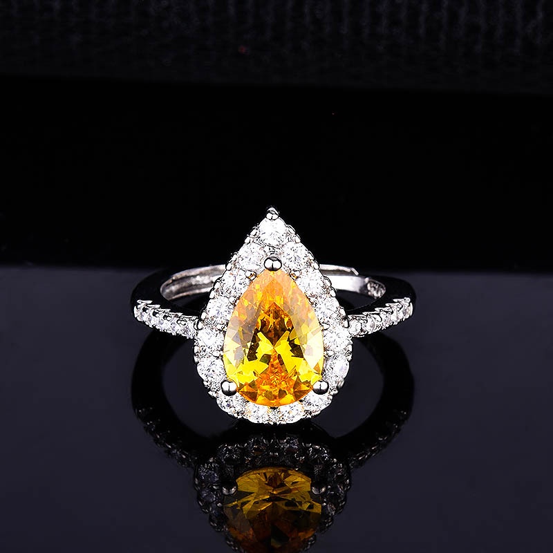 Goldkingdom Fashion Perhiasan Aksesoris Ready Stock Penuh Berlian Tetesan Air Berbentuk Pir Berlian Kuning Terbuka Cincin Pink Berlian Kristal Pertunangan Cincin Untuk Wanita