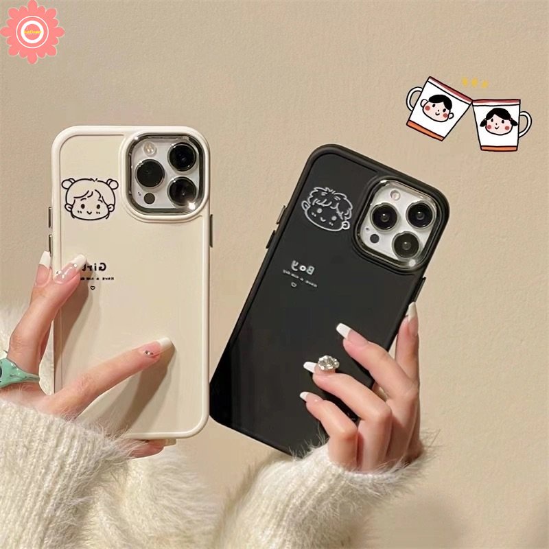 IPHONE Pasangan Cute Boy Girl Case Kompatibel Untuk Iphone7 8plus11 13 14 12 Pro MAX X XR 8plus XS MAX 7plus Bingkai Lensa Logam Plating Sederhana Lembut Tpu Penutup Belakang