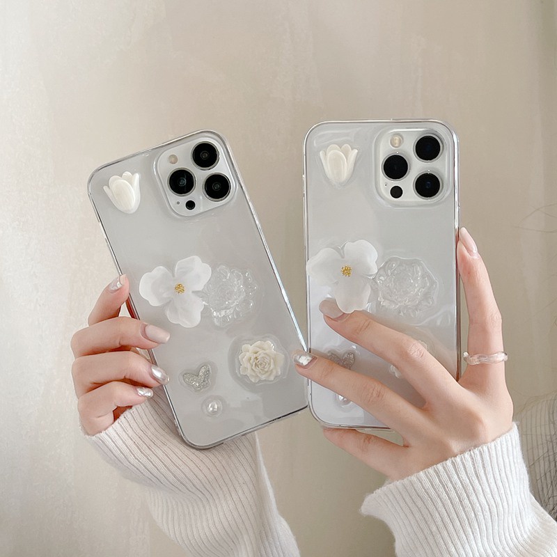 【Crystal resin】3D So Pretty White Tulip Flower Soft Case IPhone 7 8 Plus XR XS Max 11 12 13 14 Pro Max 14 Plus for Women Girl Gift