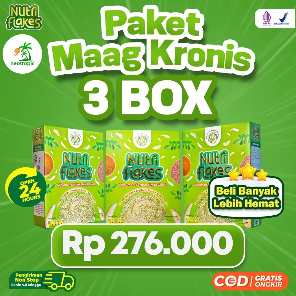 

Paket Maag Kronis 3 Box Nutriflakes - Minuman Sehat Untuk Asam Lambung & Maag 100% Alami Umbi Garut Asli Dengan Psyilium Husk & Daun Kelor Solusi Perlancar Pencernaan Bantu Terapi Asam Lambung