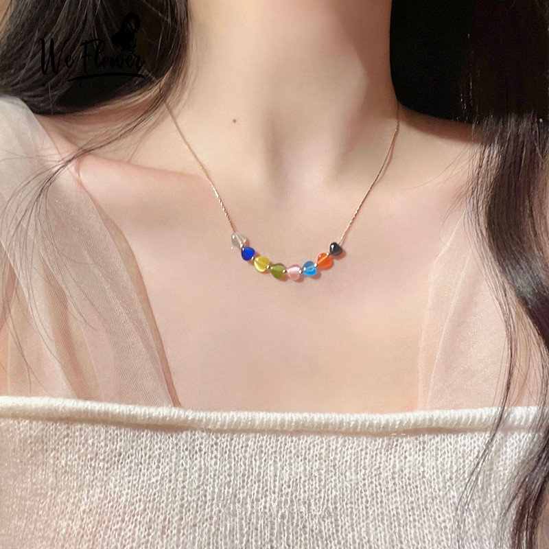 Kami Bunga ins Trendi Warna-Warni Resin Hati Manik-Manik Liontin Kalung Untuk Wanita Gadis Korea Lucu Pelangi Cinta Pesona Choker Necklaces Perhiasan Aksesoris