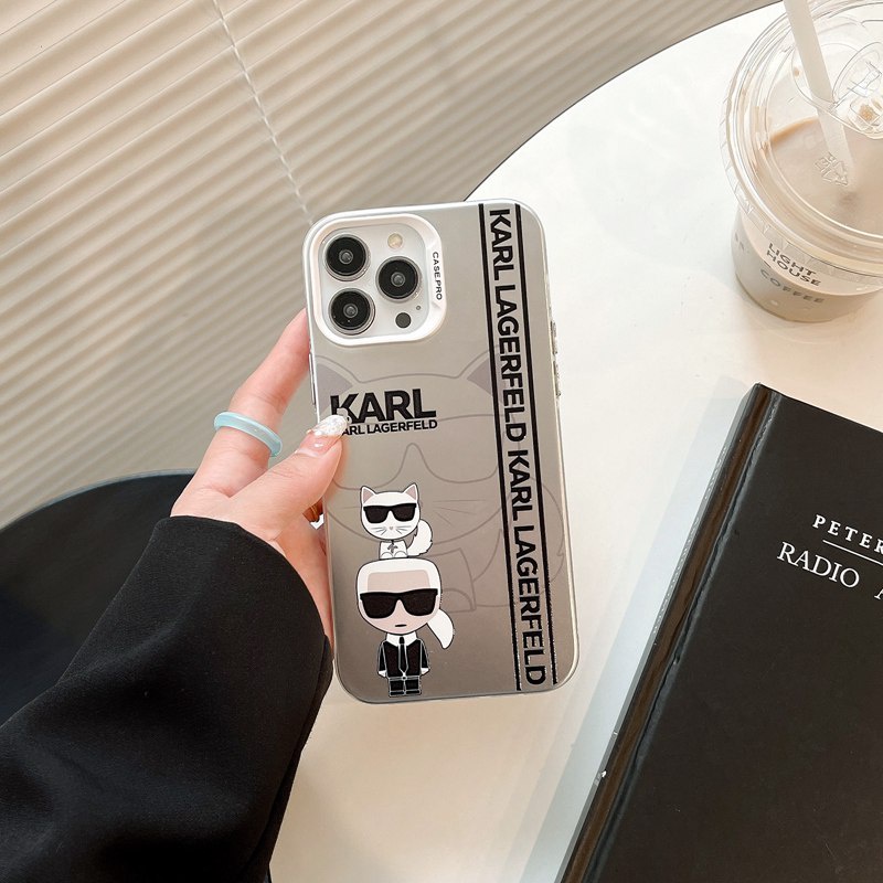 Fashion Silver Karl Lagerfeld Cat Soft Case HP iP iPhone 14 13 12 Pro Max 11 Matte FTD Casing Apple