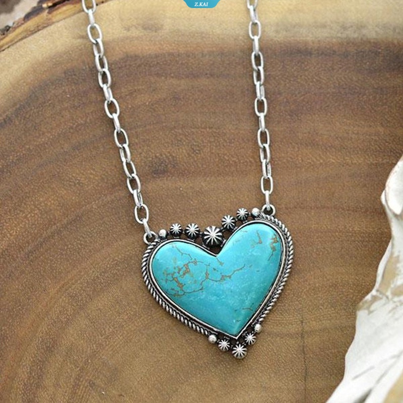 Kalung Liontin Bohemian Vintage Love Heart Turquoise Wanita Boho Aesthetic Rantai Leher Cantik2023Trend Fashion Jewelry [ZK]