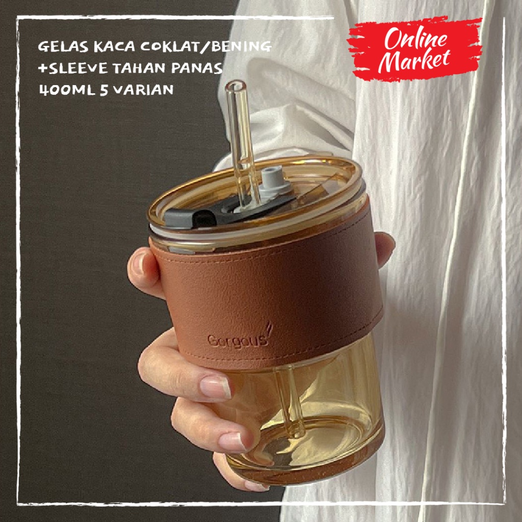 Gelas Kaca Coklat/Bening dengan Sleeve Tahan Panas 400ml - Tumbler dengan Sedotan - Tumbler Estetik