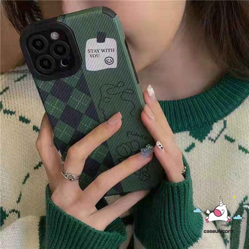 IPHONE Luxury Retro Hijau Ringer Lattice Shockproof Case Kompatibel Untuk Iphone11 13 XR 12 14 Pro 7Plus Max7 8 Plus X XS MAX Retro Flowers Trendi Merek D.I.O.R Lembut Tekstur Kulit Cover