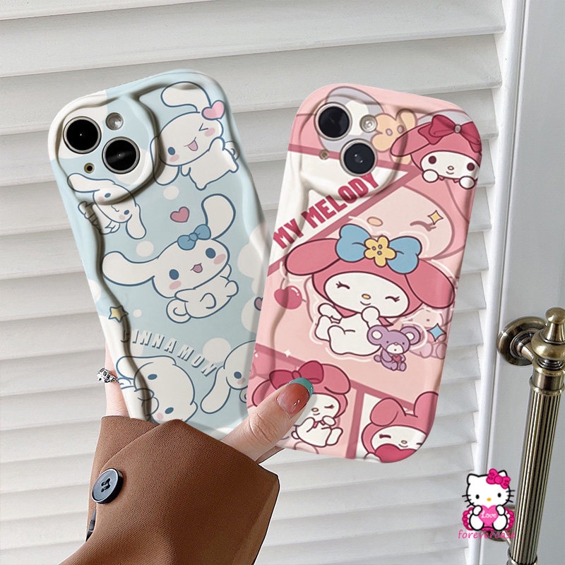 IPHONE Kartun Lucu Cinnamon Kulomi Couple Case Kompatibel Untuk Iphone11 13 12 14 Pro Max XR X XS Max 6 7 6s 8 Plus SE 2020 Lembut Tup 3D Bergelombang Tepi Melengkung Shockproof Cover