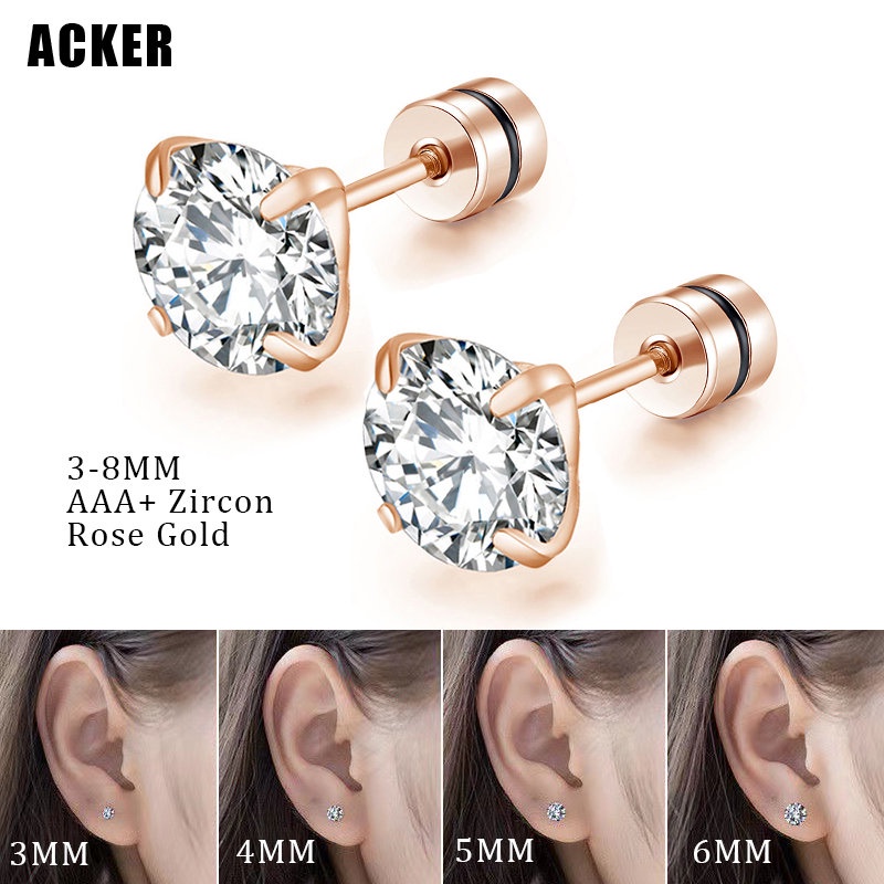 [ACKER] 3-8mm 1pasang Anting Tusuk Rose gold Titanium Stainless Cubic Zirconia Diamond AAA+Zircon Untuk Wanita/Pria