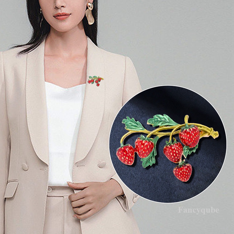 Bros Strawberry Pin Merah Desain Tanaman Permata Lucu Gaya Musim Panas