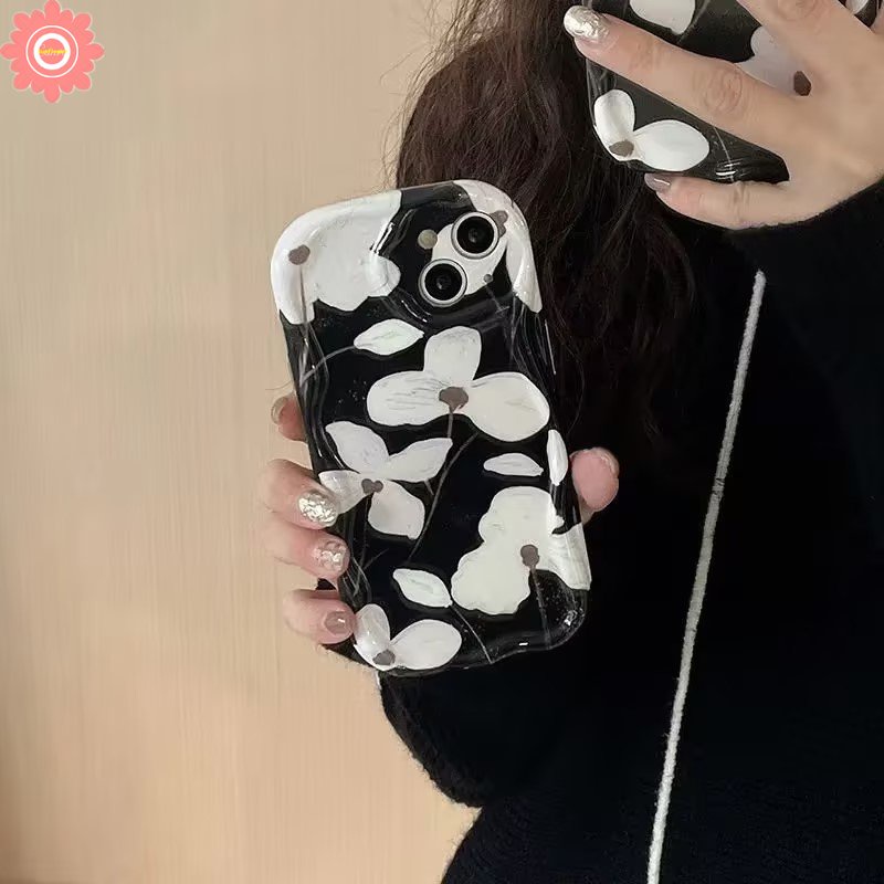 Casing Bunga Seni Hitam Untuk Oppo A17 A77 A1k A92 A53 A3s A15 A16 A17k A16K A95 A74 A54s A9 A5 A5s A31 A16s A52 A77s A76 A16E Fresh Flower 3D Wavy Curved Edge Soft Cover Case