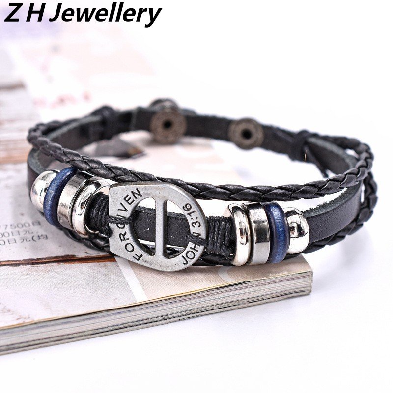 Z H Perhiasan Vintage Rock Kulit Gelang Pria Dan Wanita Fashion Stainless Steel Multilayer Manik-Manik PU Gelang Punk Pesta Perhiasan Aksesoris