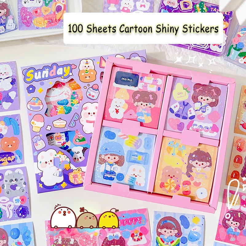 100lembar Kotak Kartun Laser Glitter Stiker Kartu Guka Siswa Deco DIY Stikers Set