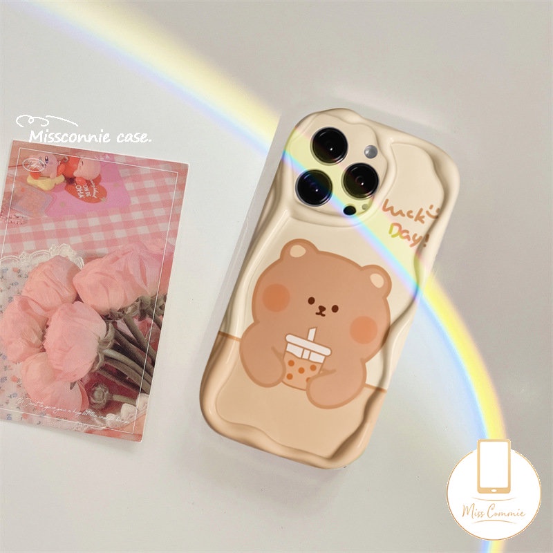 Case Teh Susu Beruang Kartun Lucu Untuk Redmi 9A 10C 10 10A 9T A2 9 A1 9C NFC Redmi Note12 8 11s 10S 9 10 11 10Pro Max POCO M3 Soft Tpu 3D Wavy Curved Edge Glossy Smile Cover