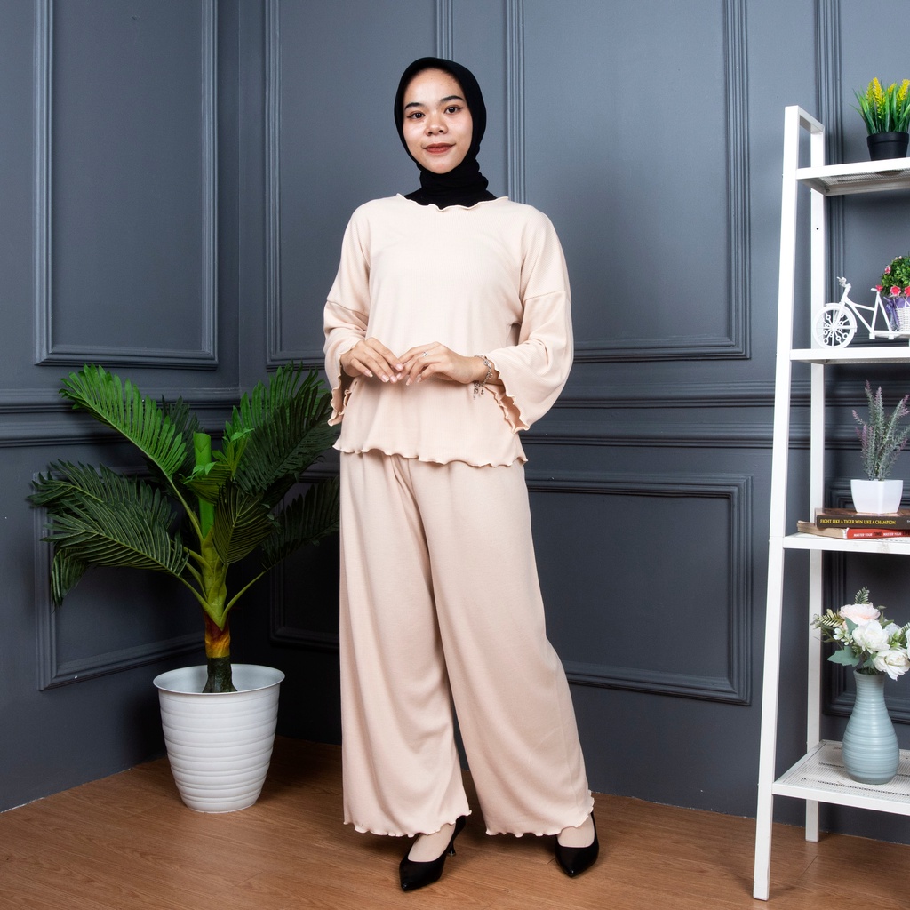 BEFAST - ZNF OOTD WANITA ONESET LINA / LOREN ONE SET KNIT / Set Atasan Lengan Panjang+Celana Kulot Panjang / Pakaian Casual Wanita Terbaru / Outfit Daily Wanita Hijab / Fashion kekinian Remaja ABG / Oneset Polos Terlaris