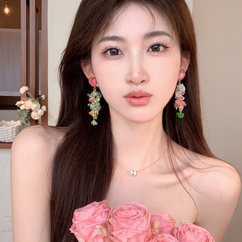 Ins Gaya Kristal Bentuk Hati Menjuntai Anting-Anting/Temperamen Manis Merah Muda Cinta Batu Rumbai Drop Anting-Anting Perhiasan Fashion