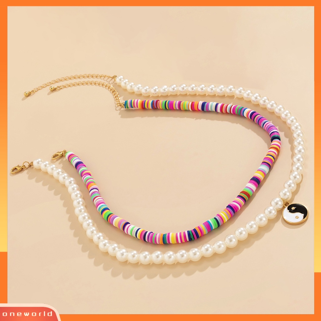 [ONE] 2pcs Wanita Kalung Manik-Manik Warna-Warni Motif Tai Chi Liontin Perhiasan Vintage Chokers Adjustable Untuk Pesta