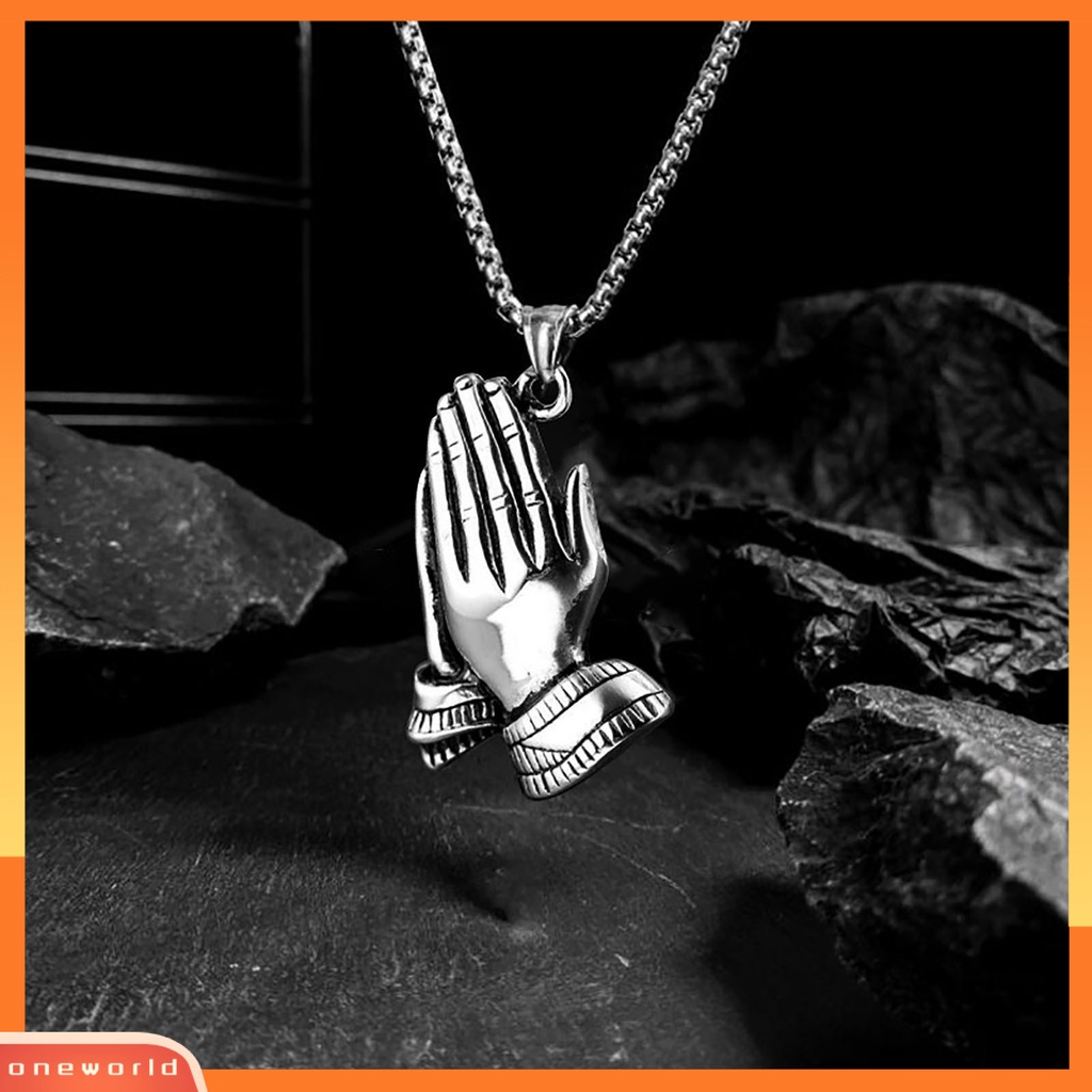 [ONE] Hip Hop Beruntung Pria Kalung Stainless Steel Berdoa Tangan Liontin Kalung Perhiasan Aksesori