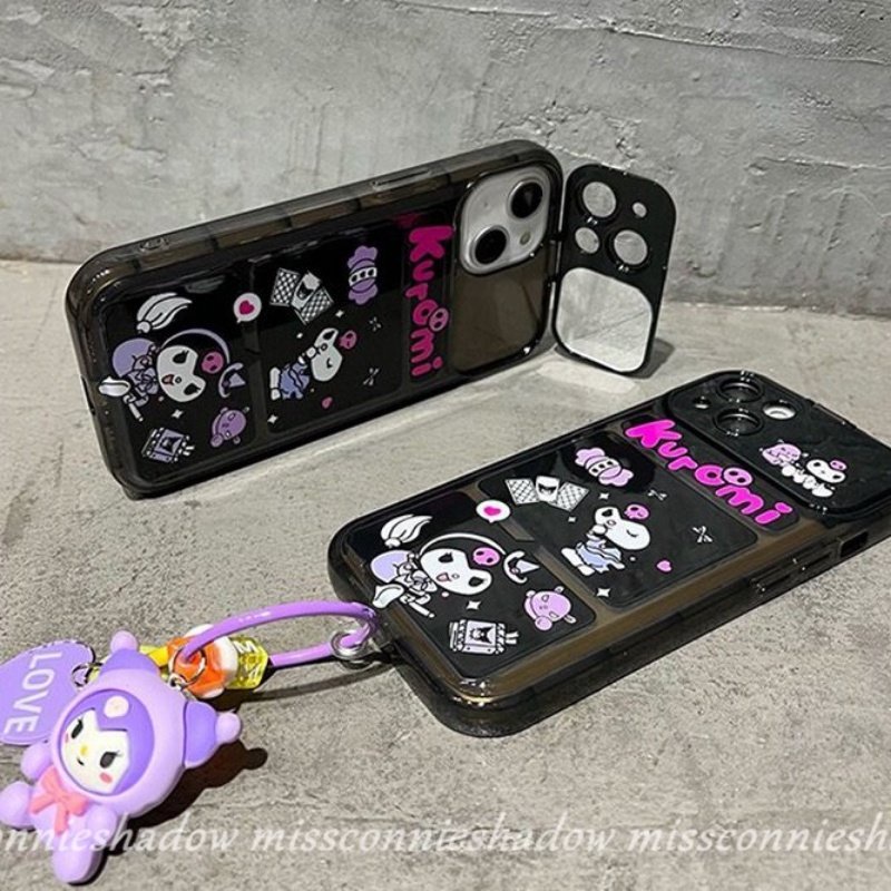 Kartun Kuromi Soft Case Untuk Oppo A57 A77 A77s A5s A15 A9 A5 A12 A7 A31 A33 2020 A11 A3s A53 A35 A15s A12E A11K Kreatif Flip Make Up Mirror Case Dengan Gelang Boneka 3D Lucu