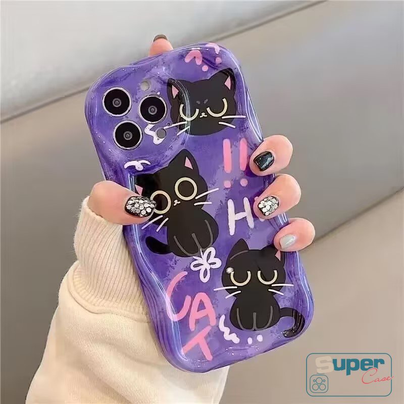 Untuk Oppo A5s A16 A17 A7 A57 A15 A16K A12 A5 A9 A16s A3s A17k A95 A96 A54s A54 A31 A74 A53 A1k A55 A16E A92 A77 A52 A76 A33 Kartun Kucing Fashion Lucu Bracket 3D Bergelombang Curved Edge Case