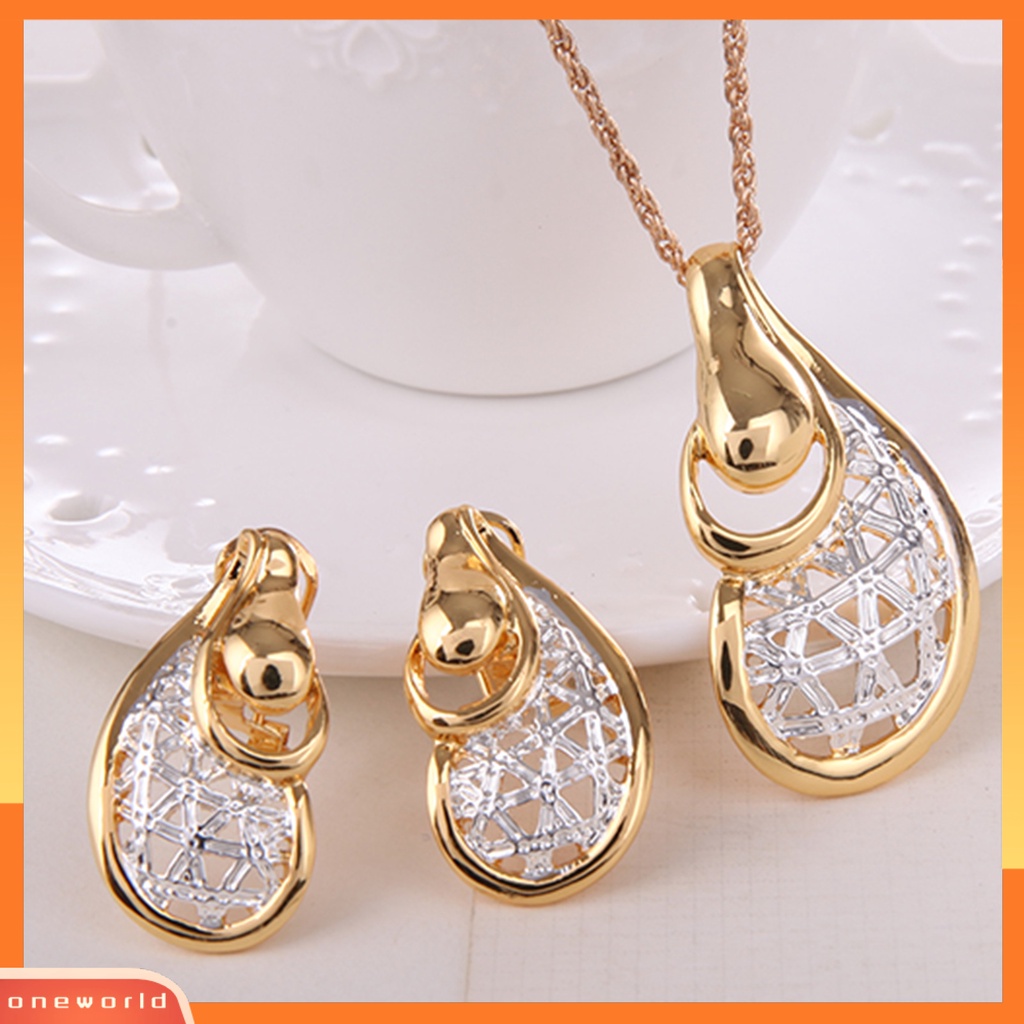 [ONE] 1set Wanita Anting Set Bentuk Tidak Teratur Electroplating Berongga Aksesoris Pengantin Kalung Anting Set Perhiasan Aksesori