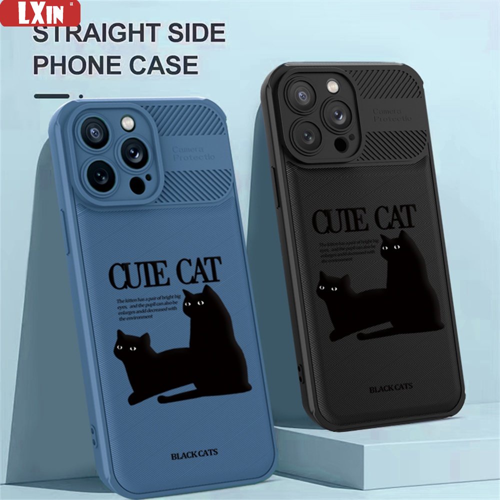 Case Serat Karbon Realme C55 C35 C33 C31 C21Y C25Y RealmeC25 C25S C15 C12 C3 C2 Realme 5 5i 5S 6i C3 Simple Lucu Kucing Hitam Cross Grain Phone Cover