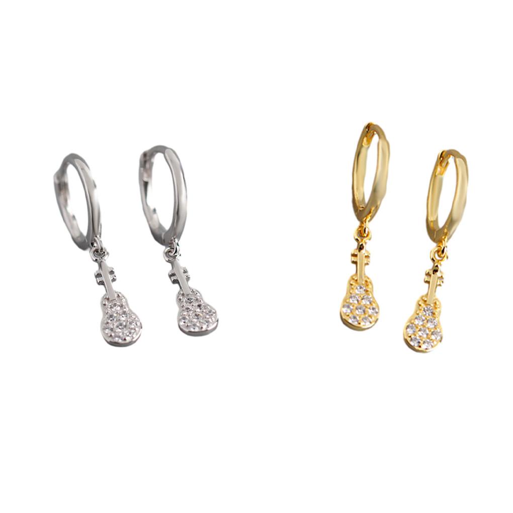 2buah Anting Bentuk Gitar Gaya Zirkon Gesper Earring Perhiasan Wanita Pria Statement Ear Clip Untuk Pesta Harian