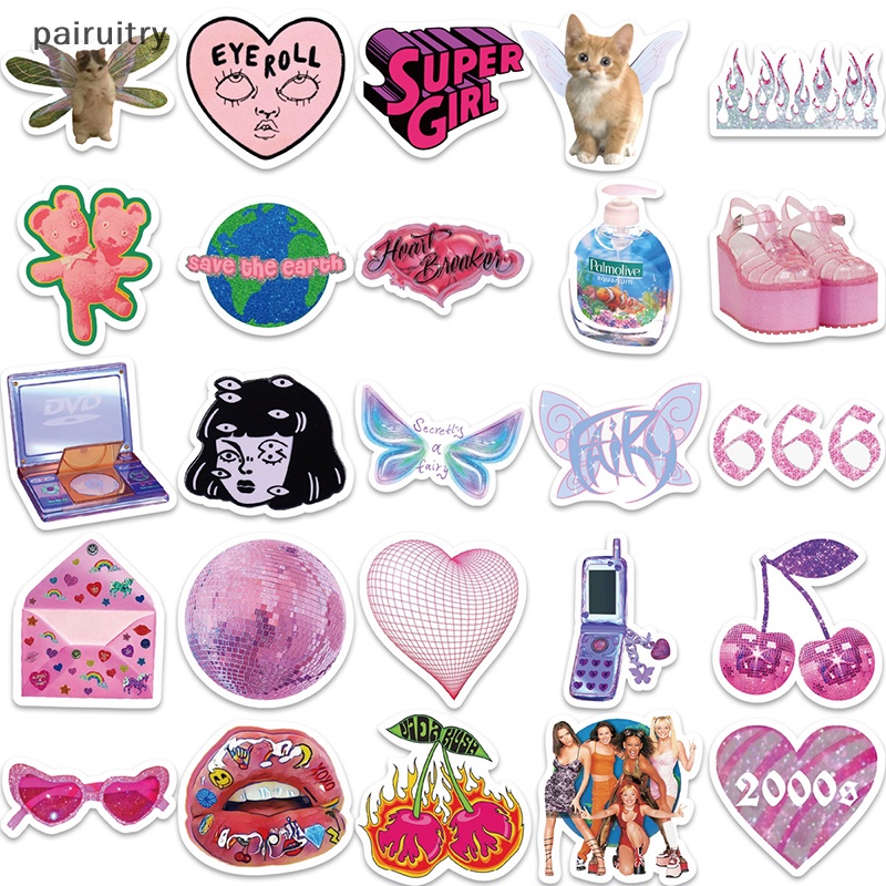 Prt 58Pcs Y2k Pink Stiker Lucu Imut Graffiti Cewek Skateboard Tahan Air Bagasi Sport DIY Laptop Stiker Mobil Decals Mainan Anak PRT