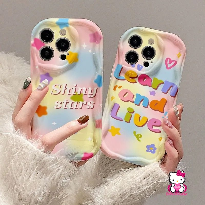 Casing 3D Wavy Curved Edge Glossy Shockproof Kompatibel Untuk IPhone XR XS X Max7 8 6s 6 Plus 11 Pro Max12 14 13 Pro Max SE 2020warna Warni Kartun Bintang Huruf Soft Cover