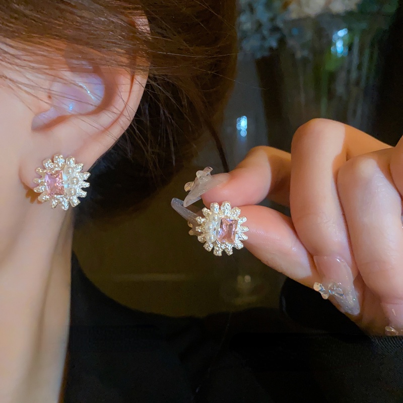 Anting Mutiara Merah Muda Korea Indah Bunga Ear Studs Ins Aksesori Keren