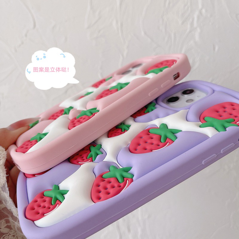 Stereoscopic Cute Pink Red Strawberry Silicone Soft Case for IPhone 6S 7 8 Plus X XR Max IPhone 11 12 13 14 Pro Max Cute TPU Phone CASE Cute Pretty Girl's Fashion