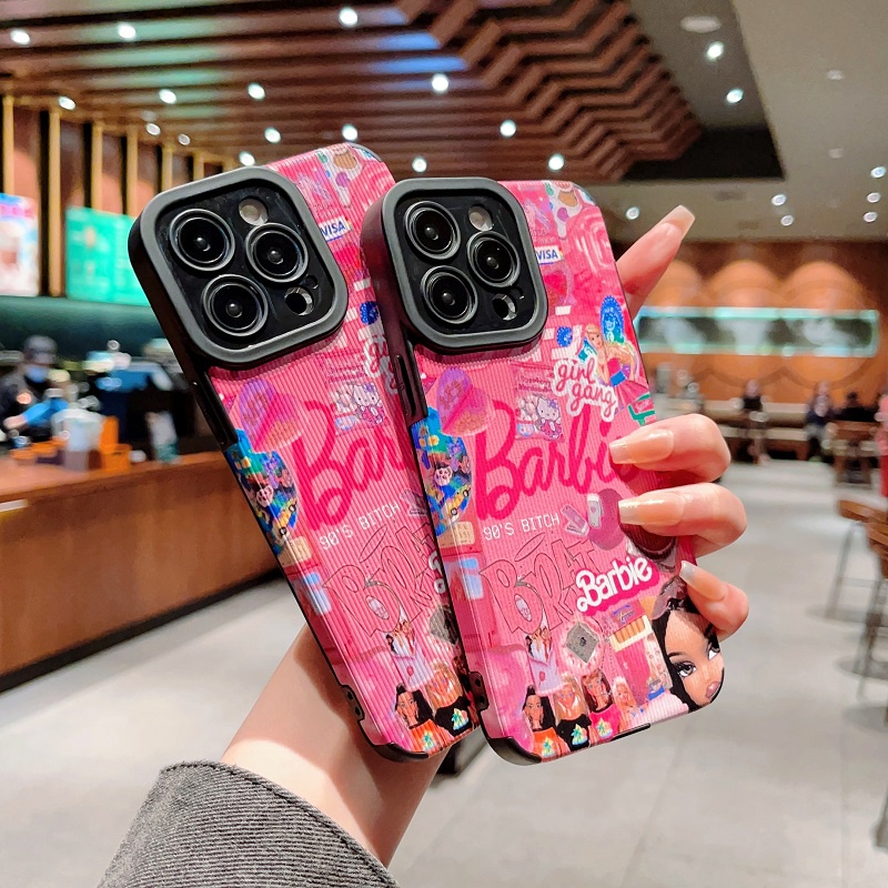 IPHONE Untuk Iphone14 13 12 11 Pro Max X XR XS Max7 8 Plus Kartun Pink Barbie Tekstur Vertikal Kulit Pelindung Soft case