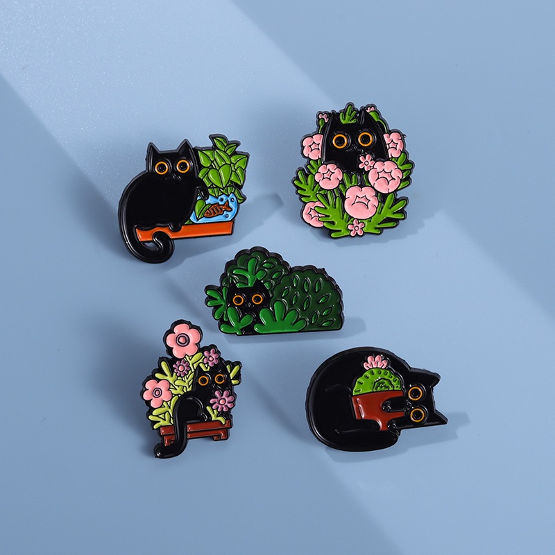 Kaktus Kucing Pot Enamel Pin Bros Bunga Tanaman Kartun Logam Wanita Anak Hadiah Aksesoris Lencana Hitam Hewan Kitten Perhiasan