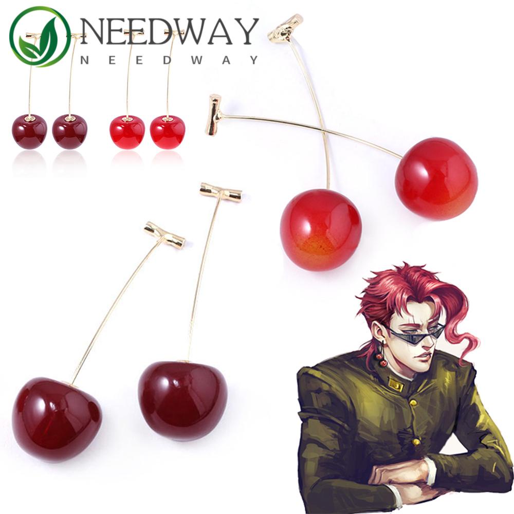 SKJK   JoJos Bizarre Adventure Anting Wanita Panjang Hati Cherry Kakyoin Noriaki Rohan Kishibe Cherry Drop Earrings