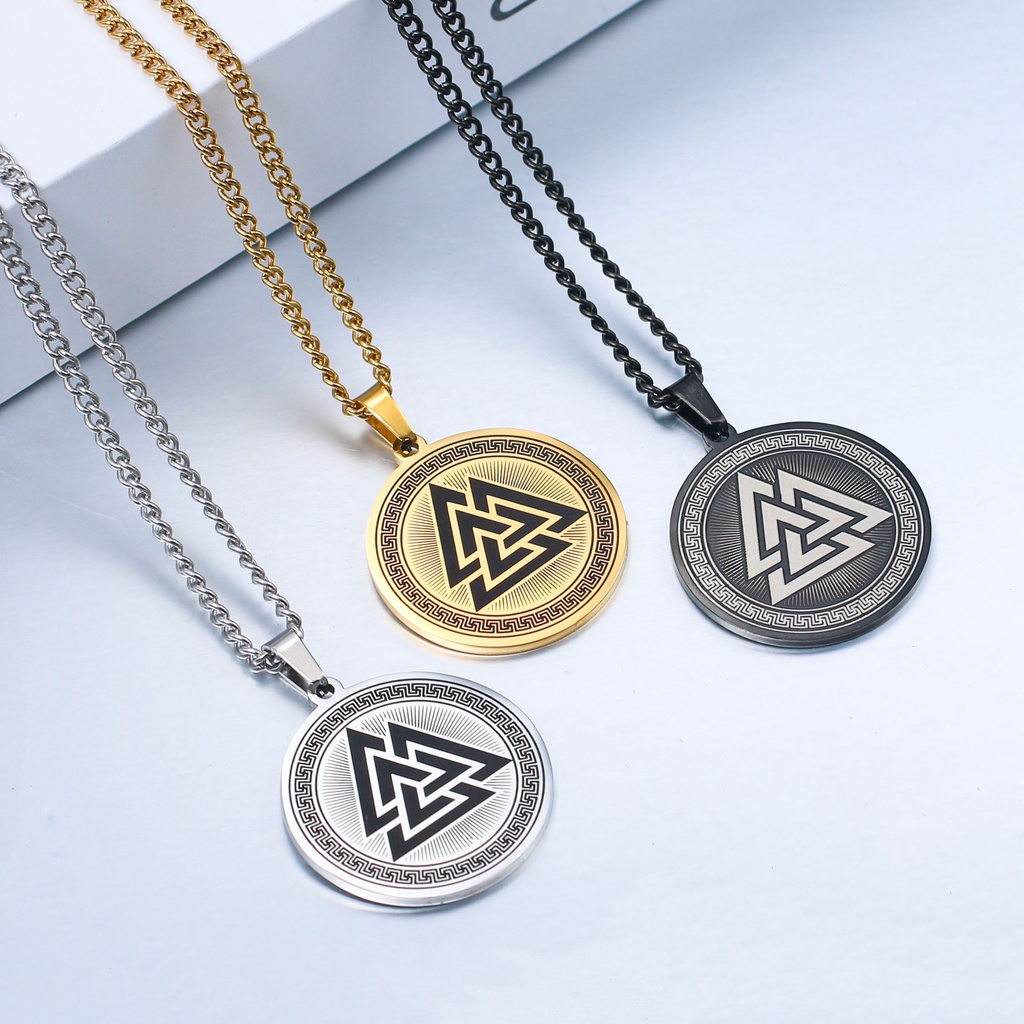 [X C Kalung] Emas &amp; Perak Baru Hip-hop Punk Retro Odin Valknut Segitiga Simbol Liontin Kalung Anti Karat Untuk Pria Dan Wanita Hadiah Liburan Perhiasan