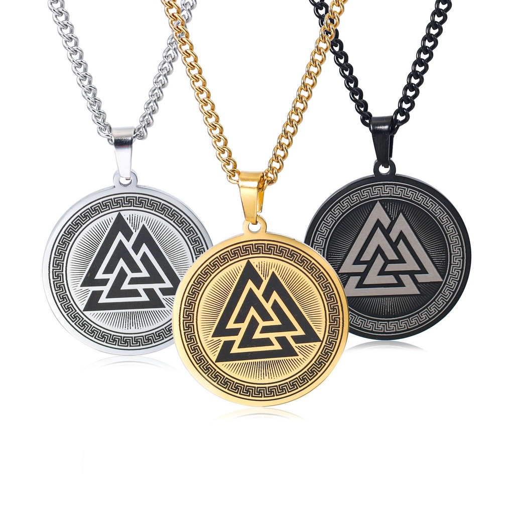 [X C Kalung] Emas &amp; Perak Baru Hip-hop Punk Retro Odin Valknut Segitiga Simbol Liontin Kalung Anti Karat Untuk Pria Dan Wanita Hadiah Liburan Perhiasan