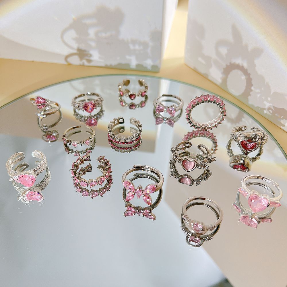 Yeezii Fashion Batu Permata Jantung Cincin Elegan Pink Crtystal Pembukaan Jari Cincin Untuk Aksesoris Perhiasan Wanita