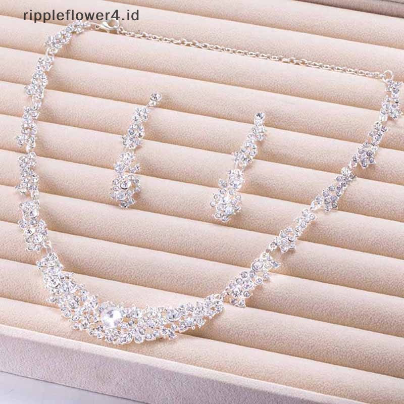 {rippleflower4.id} Wanita Berlian Imitasi Kristal Kerah Kalung Anting Set Perhiasan Pesta Pernikahan~