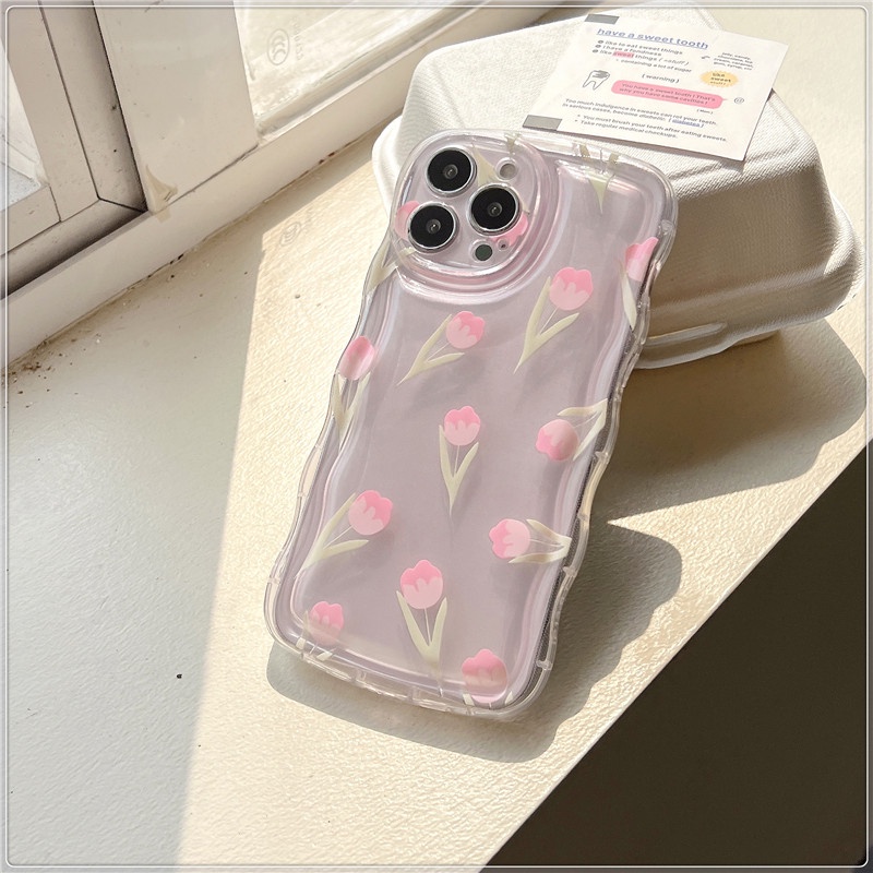 Case Samsung A14 A13 A04e A04s A04 A03s A02s A03 M23 A23 A22 A12 A32 A31 A21s A10S A20 A52 A30s A51 A71 A53 M32 A02 Fresh Minimalist Tulip Wavy Curved Edge Case Dengan Bracket Bunga