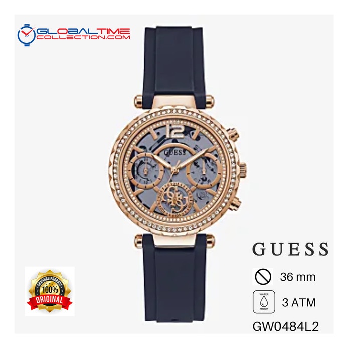 Jam Tangan Wanita GUESS GW0484L2 Rubber Strap Navy Blue Bodi Rose Gold