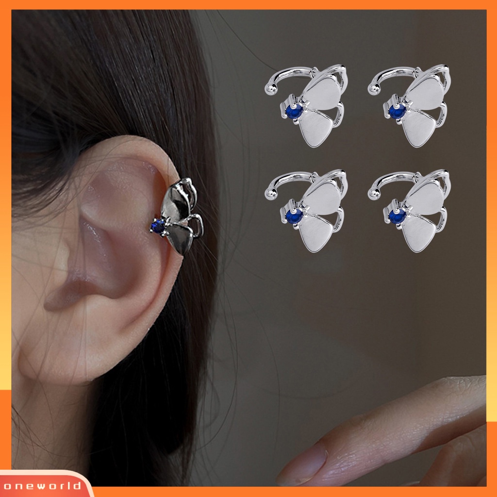 [WOD] 1pc Manset Telinga Keren Non-piercing Geometris Biru Cubic Zirconia Kilau Terang Hias Hadiah Wanita Double-layered Butterfly Klip Anting Perhiasan Untuk Pakaian Sehari-Hari