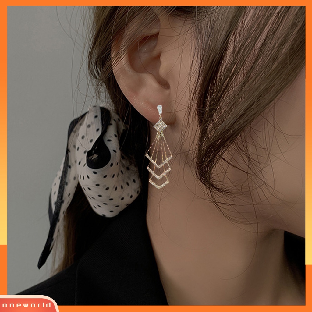 [WOD] Wanita Drop Earrings Tiga Lapis Berlian Imitasi Mengkilap Bentuk Belah Ketupat Anting Gantung Aksesori Perempuan